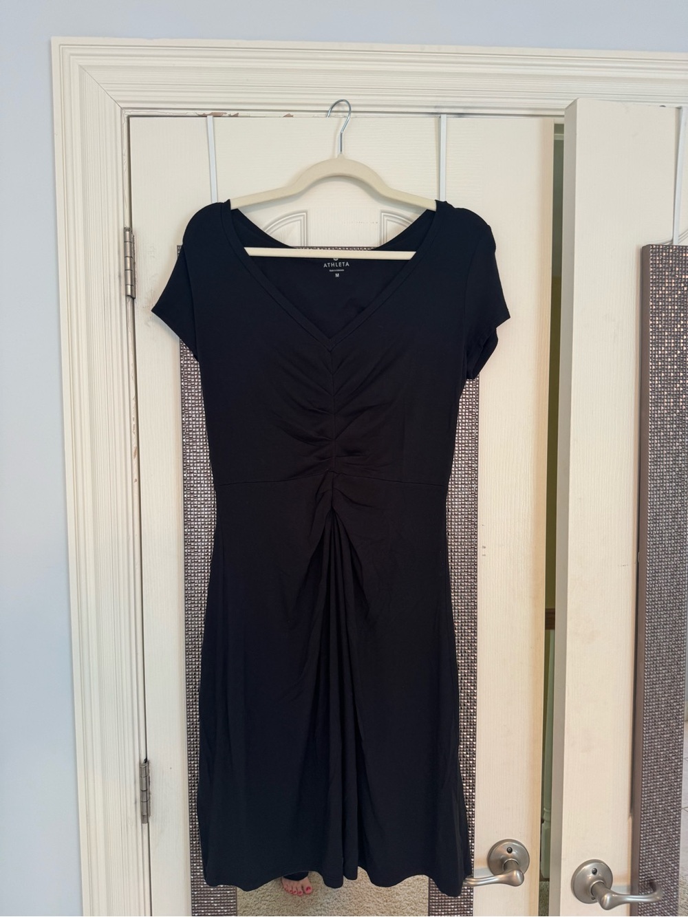 Athleta Black V-Neck Ruched Midi Dress